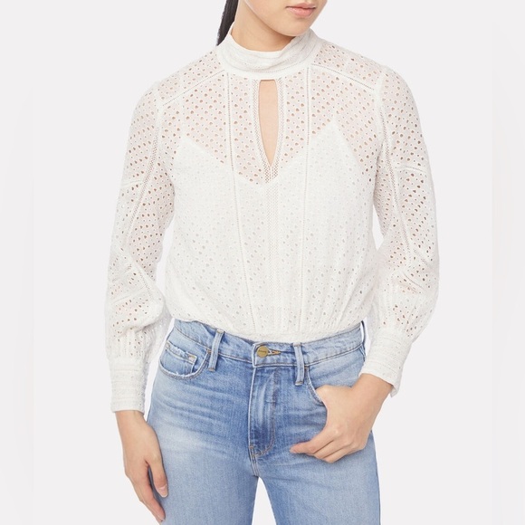 FRAME High Neck Puff Sleeve Keyhole Ivory Ramie Long Sleeve Eyelet Party Top M - Picture 1 of 12